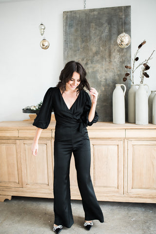 Collared Jumpsuit with Tie - Black