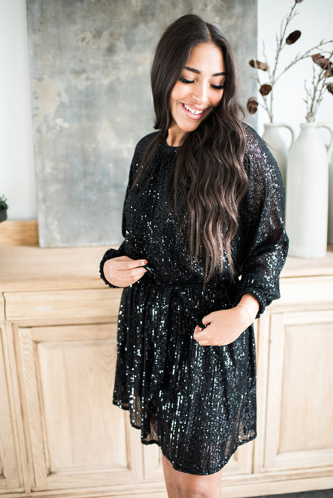 Sequin Dress with Sash - Black