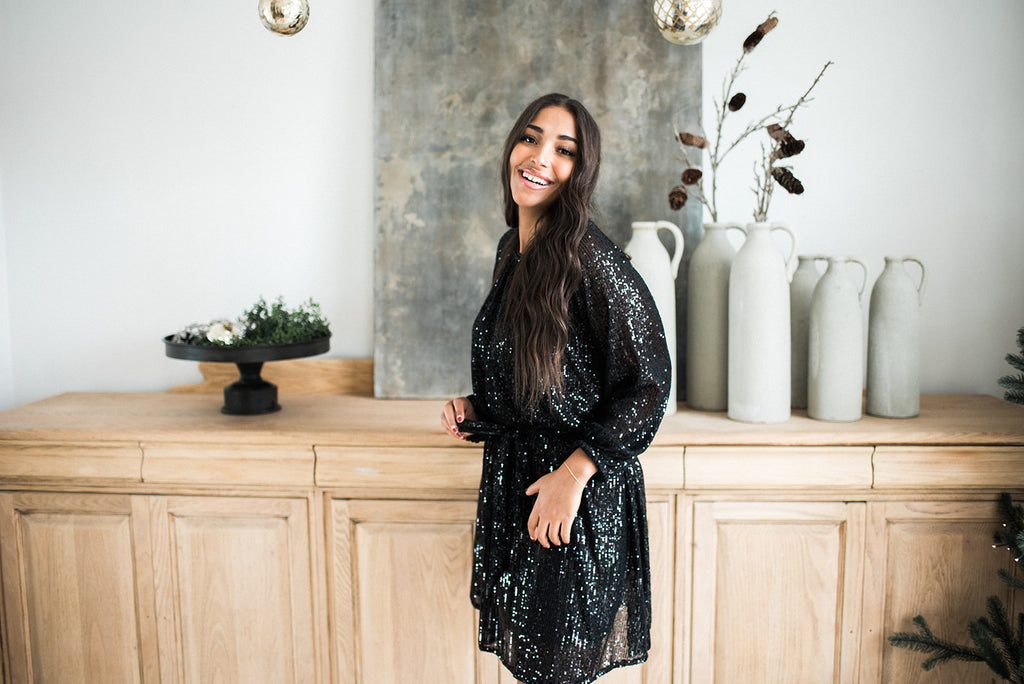 Sequin Dress with Sash - Black
