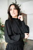 Long Sleeve Satin Ruffled Dress - Black