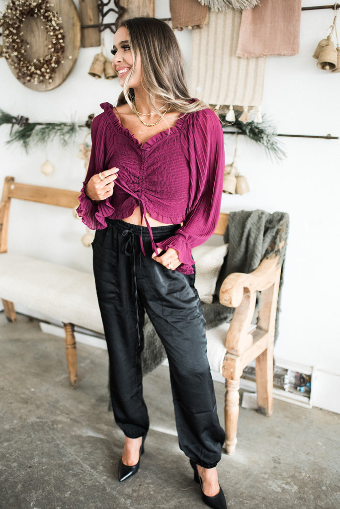 Off Shoulder Smocked Top- Eggplant