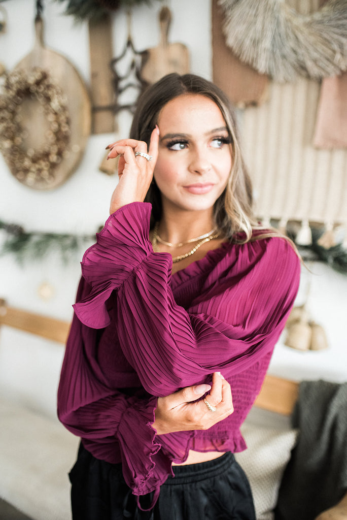 Off Shoulder Smocked Top- Eggplant