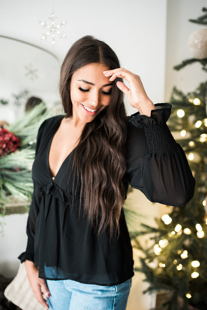 Long Sleeve With Ruffle Blouse - Black
