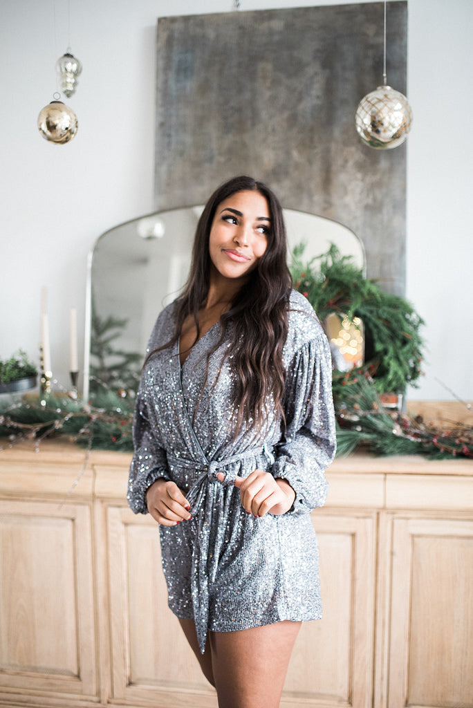 Sequin Romper with Sash - Grey
