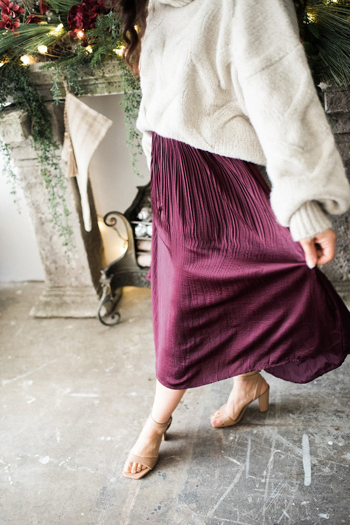 Pleated Satin Skirt - Wine