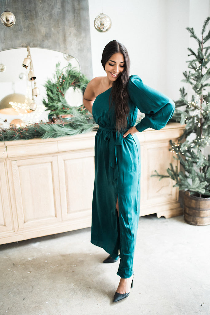 One Shoulder Maxi with Slit - Green