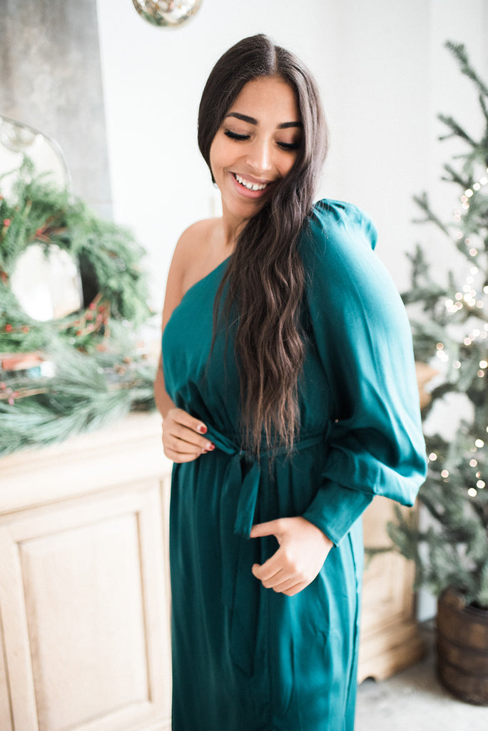One Shoulder Maxi with Slit - Green