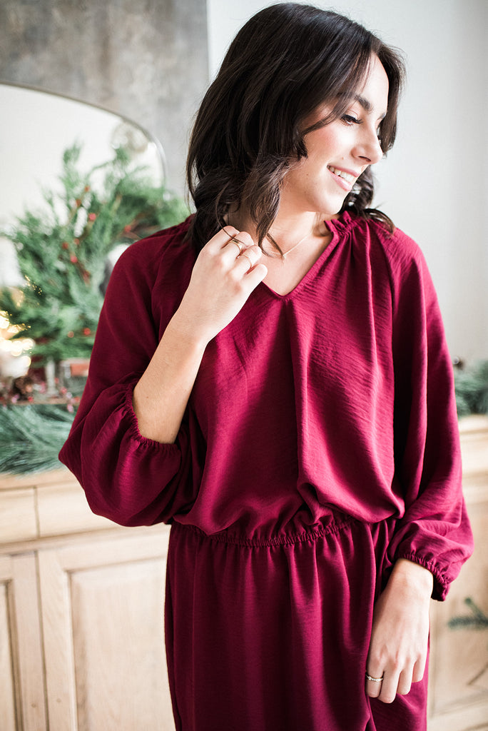 Ruffled Puff Sleeve Dress - Wine