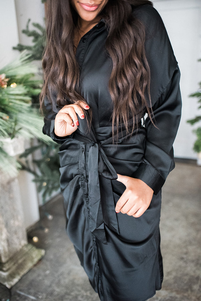 Midi Satin Shirt Dress - Black
