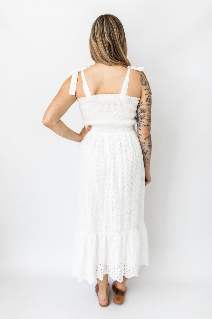 Tie-Strap Eyelet Midi Dress