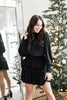 Long Sleeve Satin Ruffled Dress - Black
