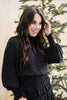 Long Sleeve Satin Ruffled Dress - Black
